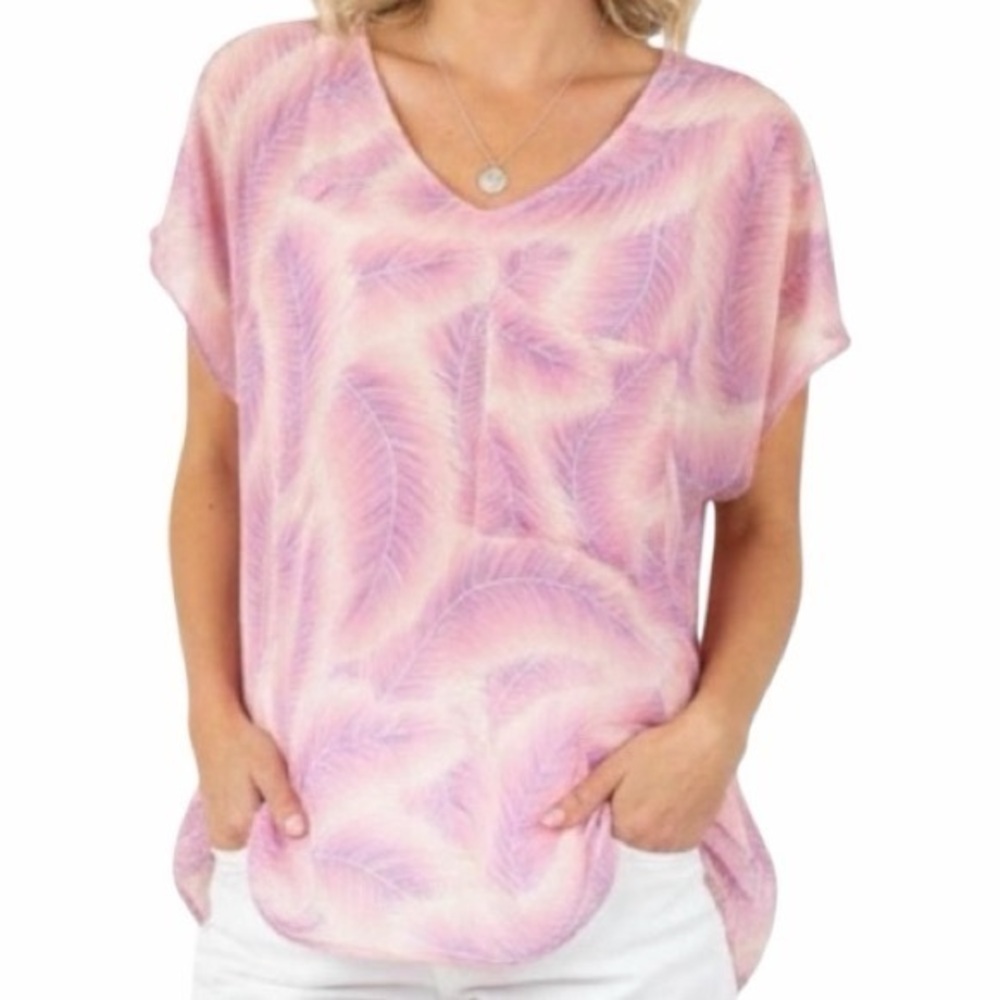Show Me Your MuMu Top Pink Feather Blouse Tunic Short Sleeve Sheer Small